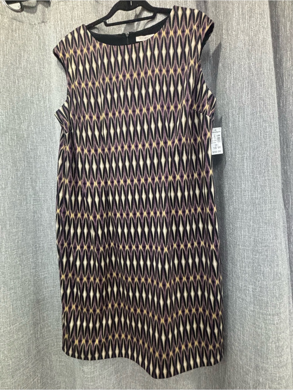 Dress Barn Sleeveless Geometric Shift Dress in Purple, Black and Cream